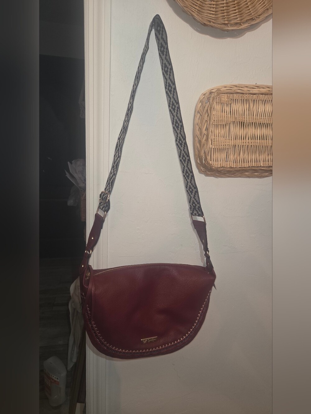 Jessica Simpson Red Embroidered Shoulder Bag Patterned Strap Zip Pockets